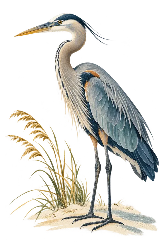 Illustration of a great blue heron standing in dune grass