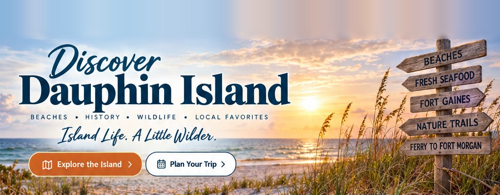 Sunset over the Gulf beach on Dauphin Island with a signpost pointing to beaches, fresh seafood, Fort Gaines, nature trails and the ferry to Fort Morgan