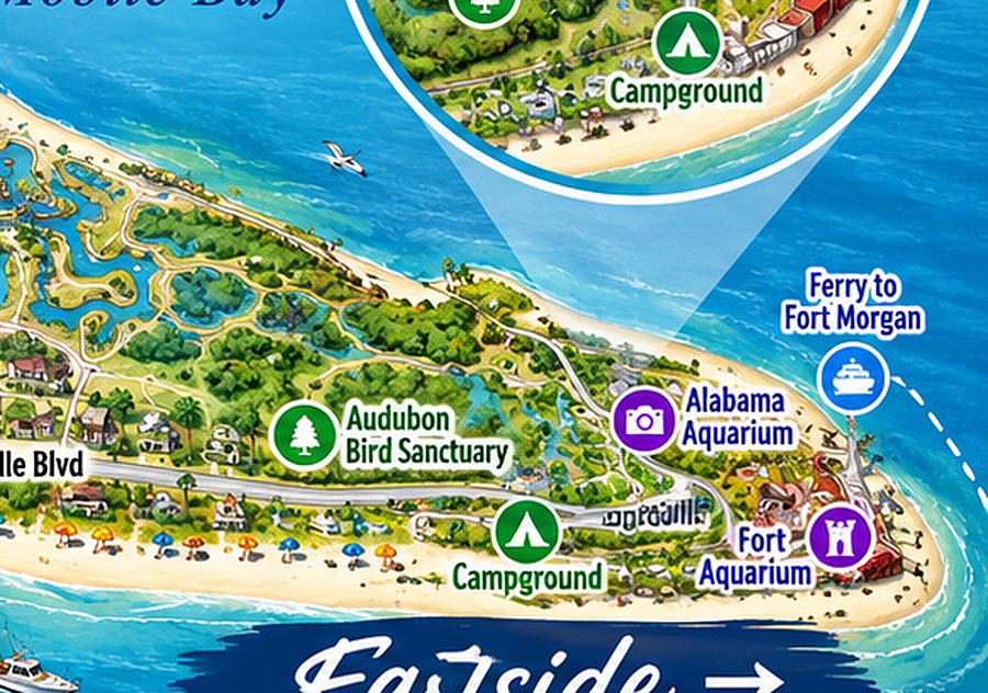 Illustrated map of the east end of Dauphin Island
