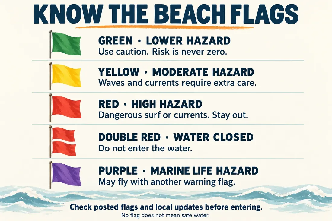 Beach warning flag legend showing green for low hazard, yellow for moderate hazard, red for high hazard, double red for water closed, and purple for dangerous marine life