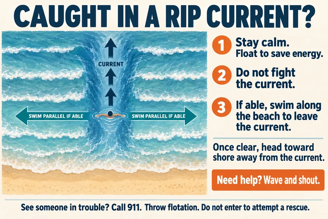 Diagram of a rip current flowing away from the beach through a channel between breaking waves, with arrows showing a swimmer moving parallel to the shoreline to escape