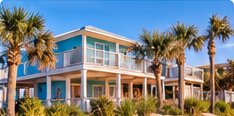 Blue beach house with palm trees